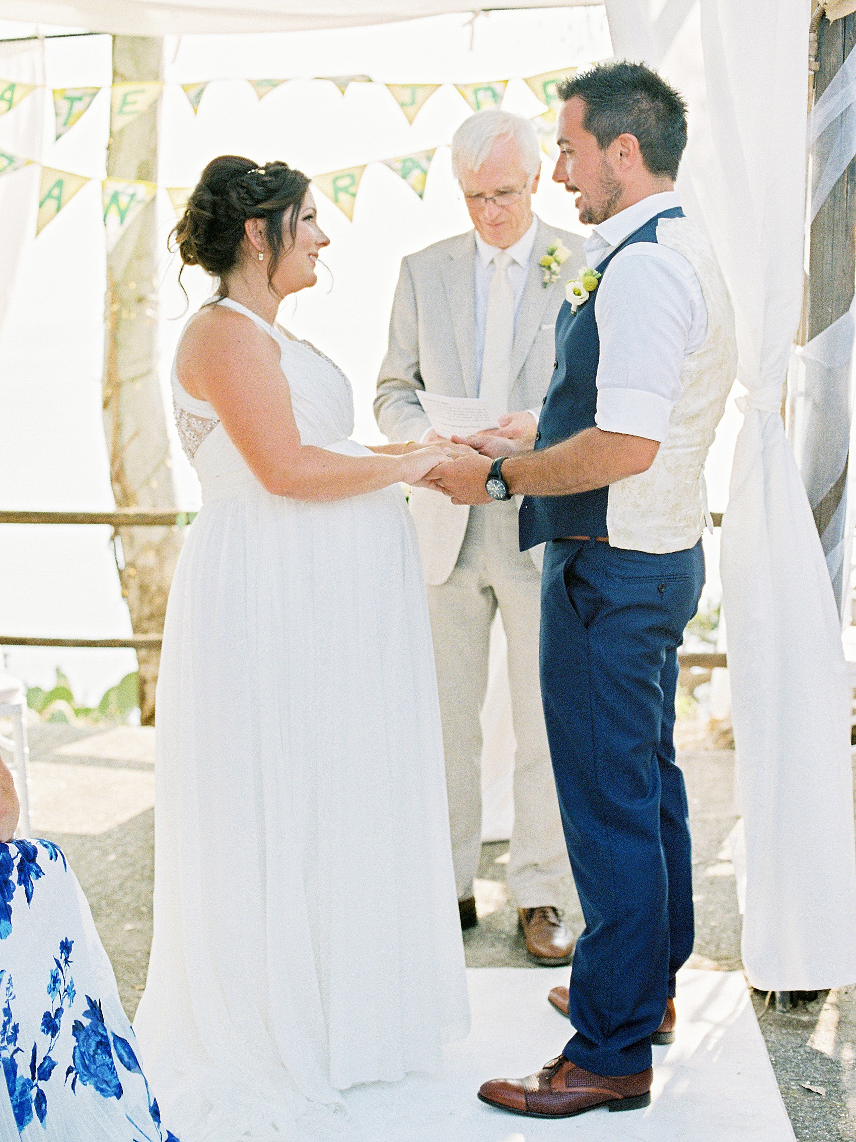 Pregnant bride Il Faro Wedding Italy  - A Spectacular Cliff-Top + Sea View Wedding at Il Faro in Italy, with a Pregnant Bride in a Grecian Inspired Dress