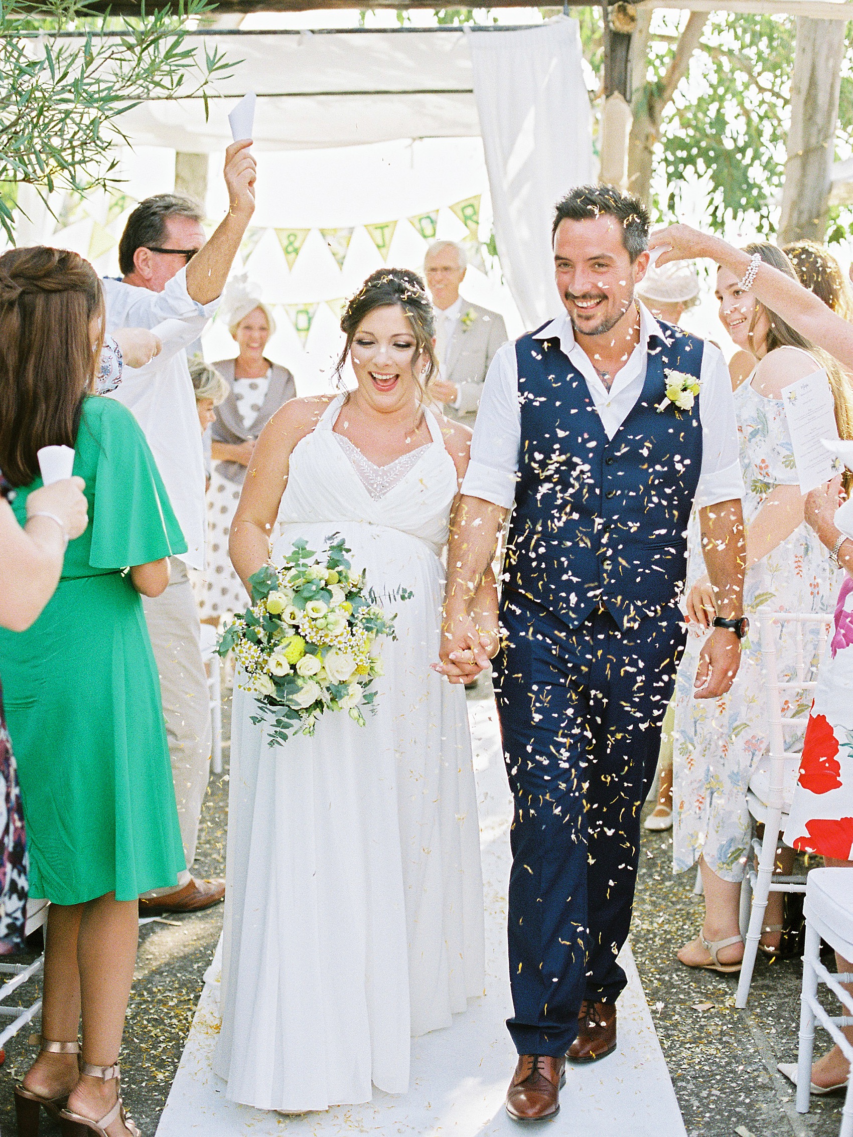 Pregnant bride Il Faro Wedding Italy  - A Spectacular Cliff-Top + Sea View Wedding at Il Faro in Italy, with a Pregnant Bride in a Grecian Inspired Dress