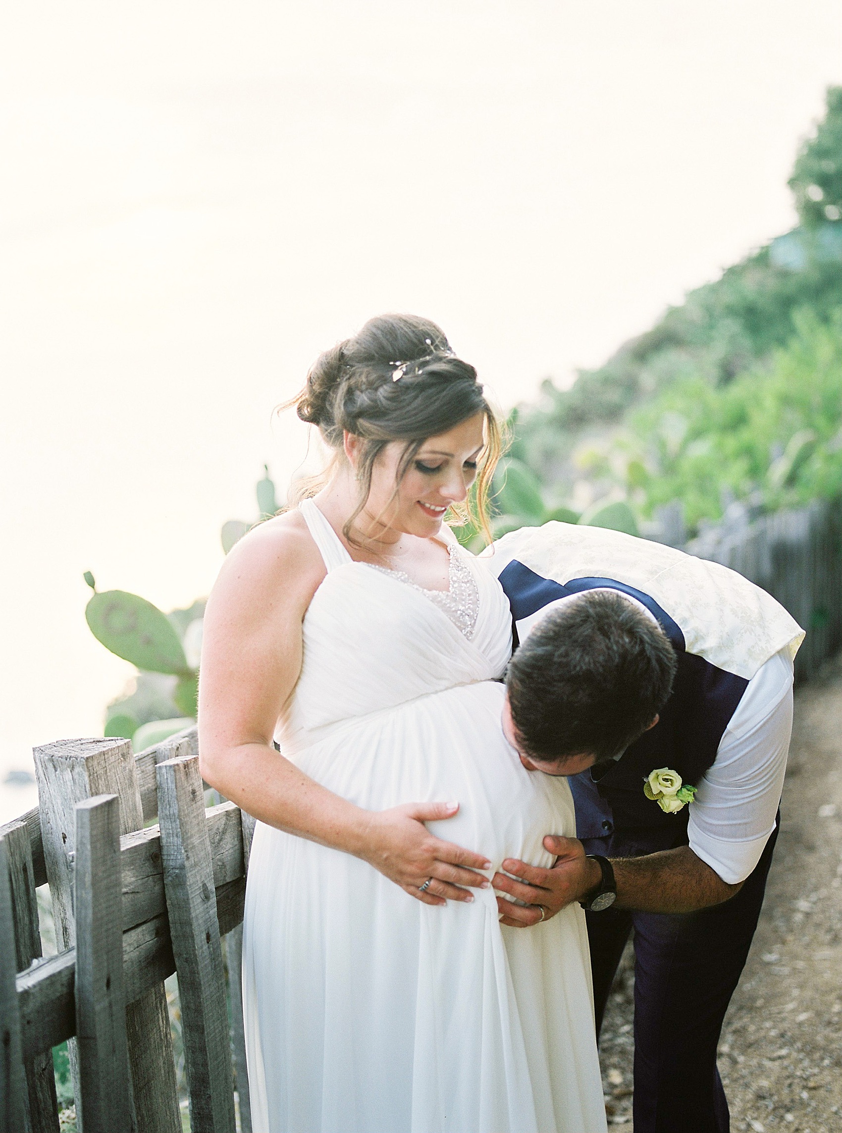 Pregnant bride Il Faro Wedding Italy  - A Spectacular Cliff-Top + Sea View Wedding at Il Faro in Italy, with a Pregnant Bride in a Grecian Inspired Dress