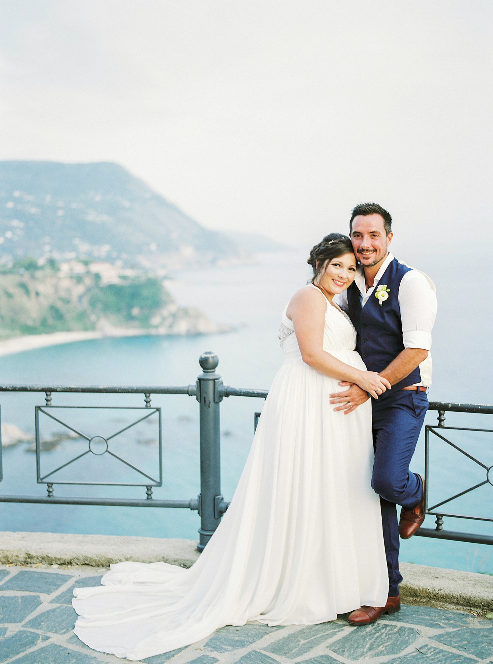 Pregnant bride Il Faro Wedding Italy  - A Spectacular Cliff-Top + Sea View Wedding at Il Faro in Italy, with a Pregnant Bride in a Grecian Inspired Dress