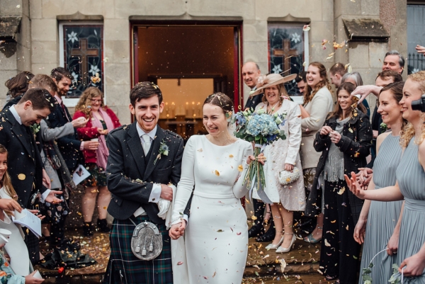 A Suzanne Neville Dress + Bridesmaids with Hoop Bouquets for a Rainy Day, Chemistry Inspired Wedding in Edinburgh