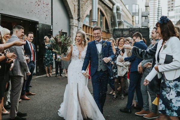 A Riki Dalal Dress for a Cool + Colourful Smoke Bomb Warehouse Wedding at Shoreditch Studios