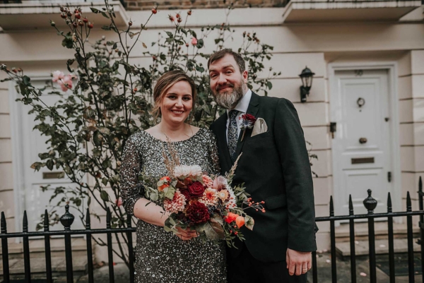A Grey Sequinned Dress + Orange Shoes for an Anglo-Canadian London Pub Wedding in Autumn