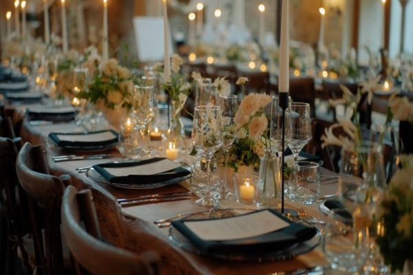elegant wedding table design with candles and coloured linens