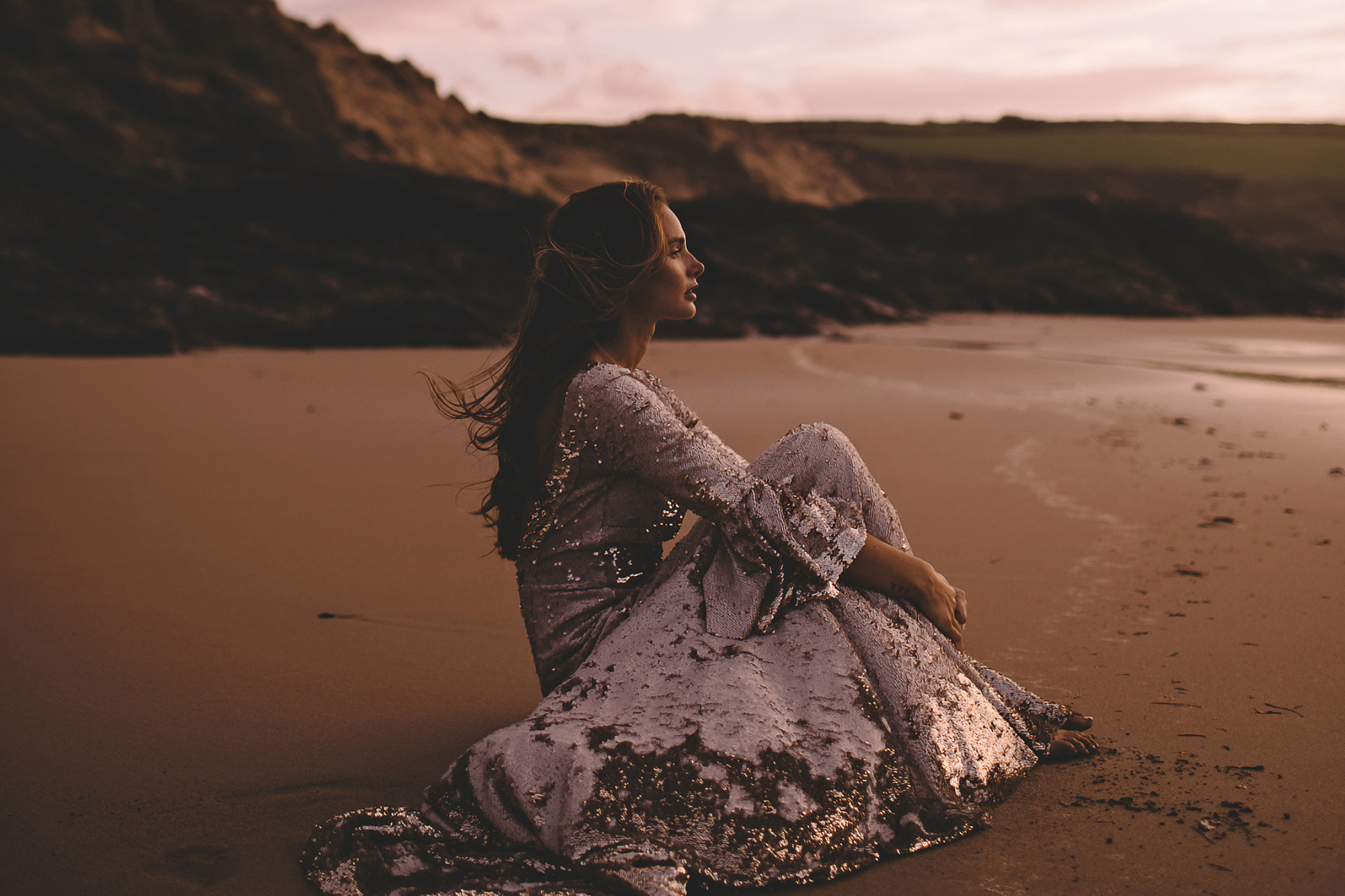 Dark, Romantic & Rugged: A Late Autumn/Early Winter Glamorous Bridal Editorial on the Cornish Coastline 8 silver sequin dress julita ldn bride