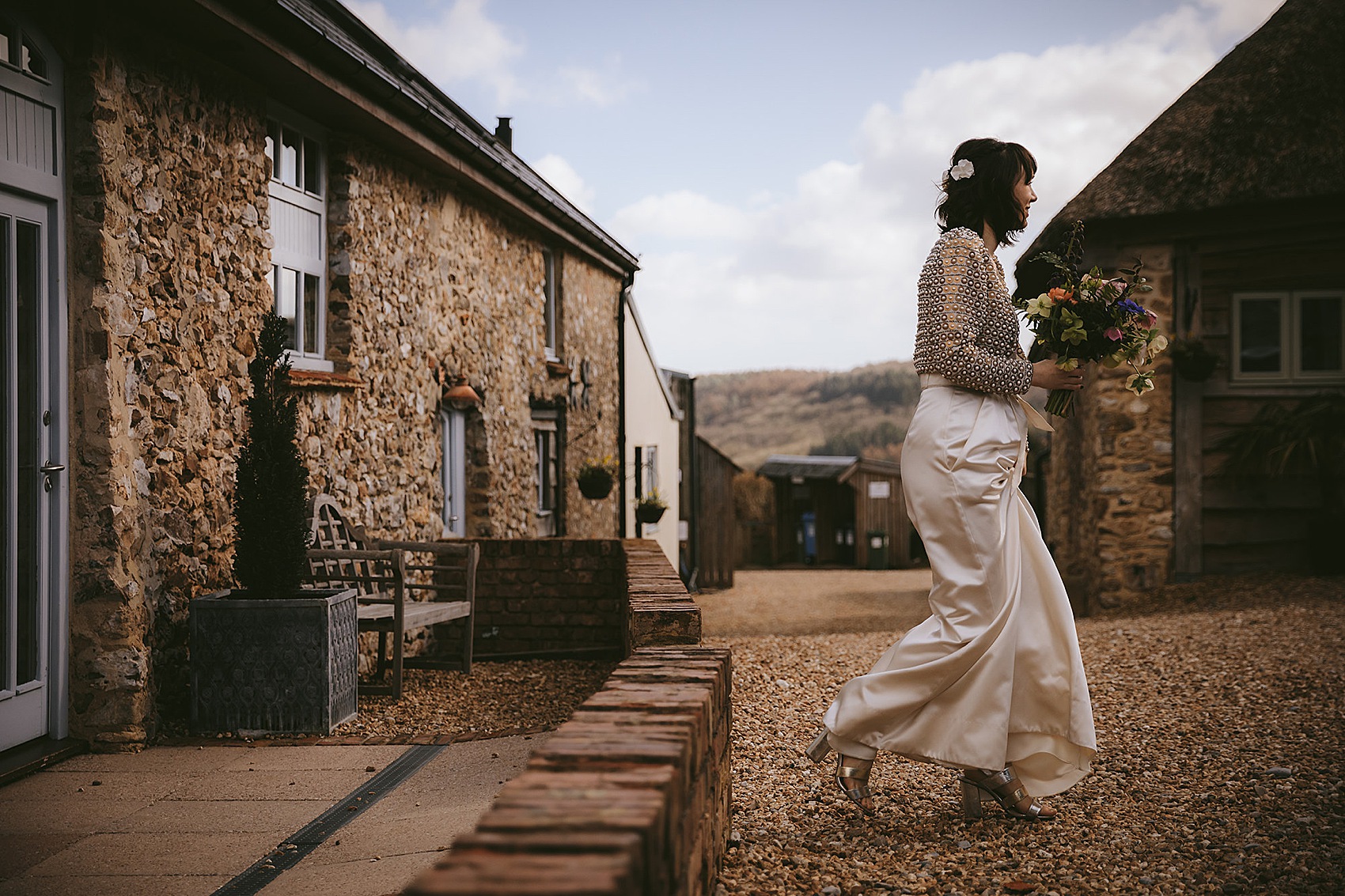 15 Bride in trousers River Cottage Wedding - A River Cottage Wedding in Devon with a Bride in a Sequin Andrea Hawkes Top + Wide Leg Silk Halfpenny London Trousers 15 Bride in trousers River Cottage Wedding