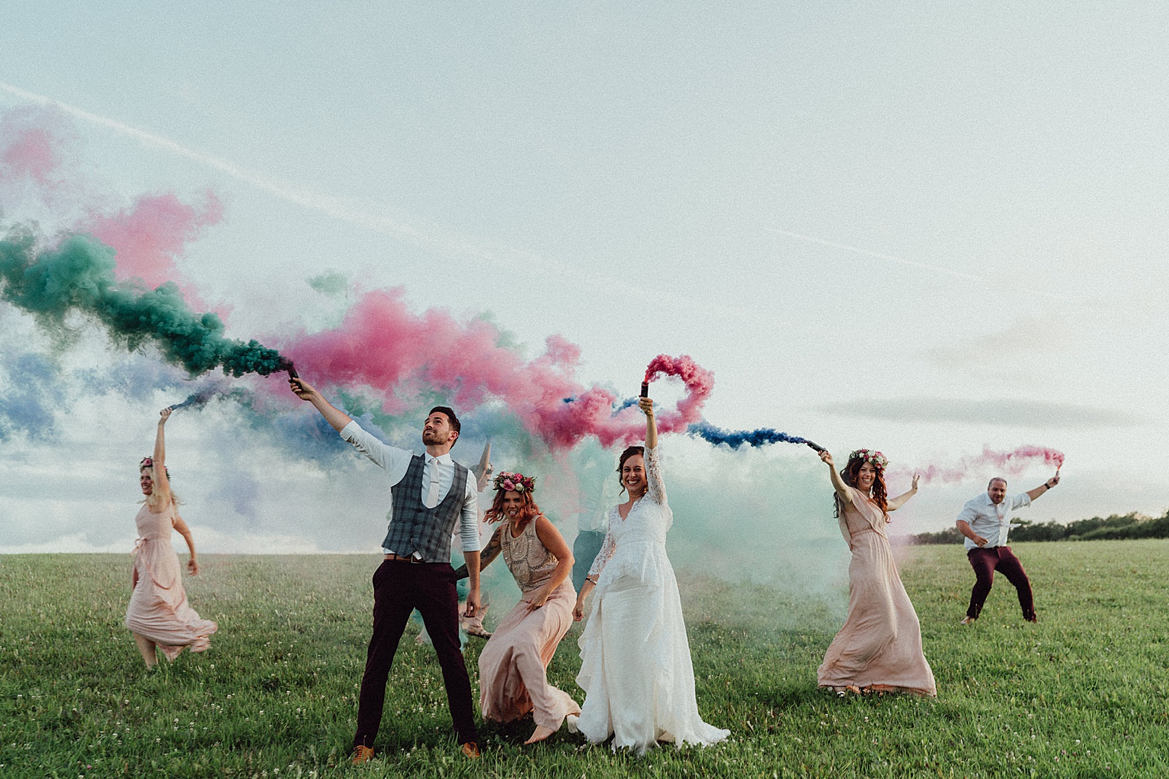 Temperley London bride smokebombs barn wedding 56