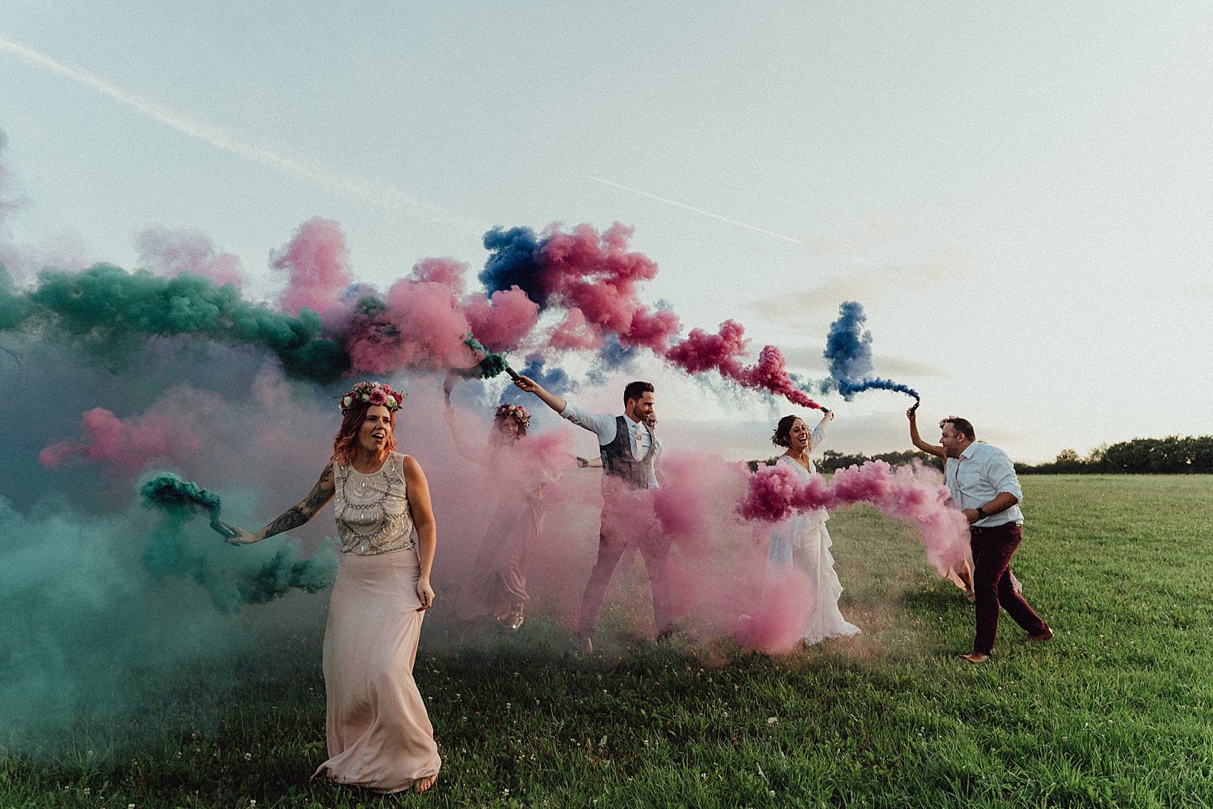 Temperley London bride smokebombs barn wedding 57