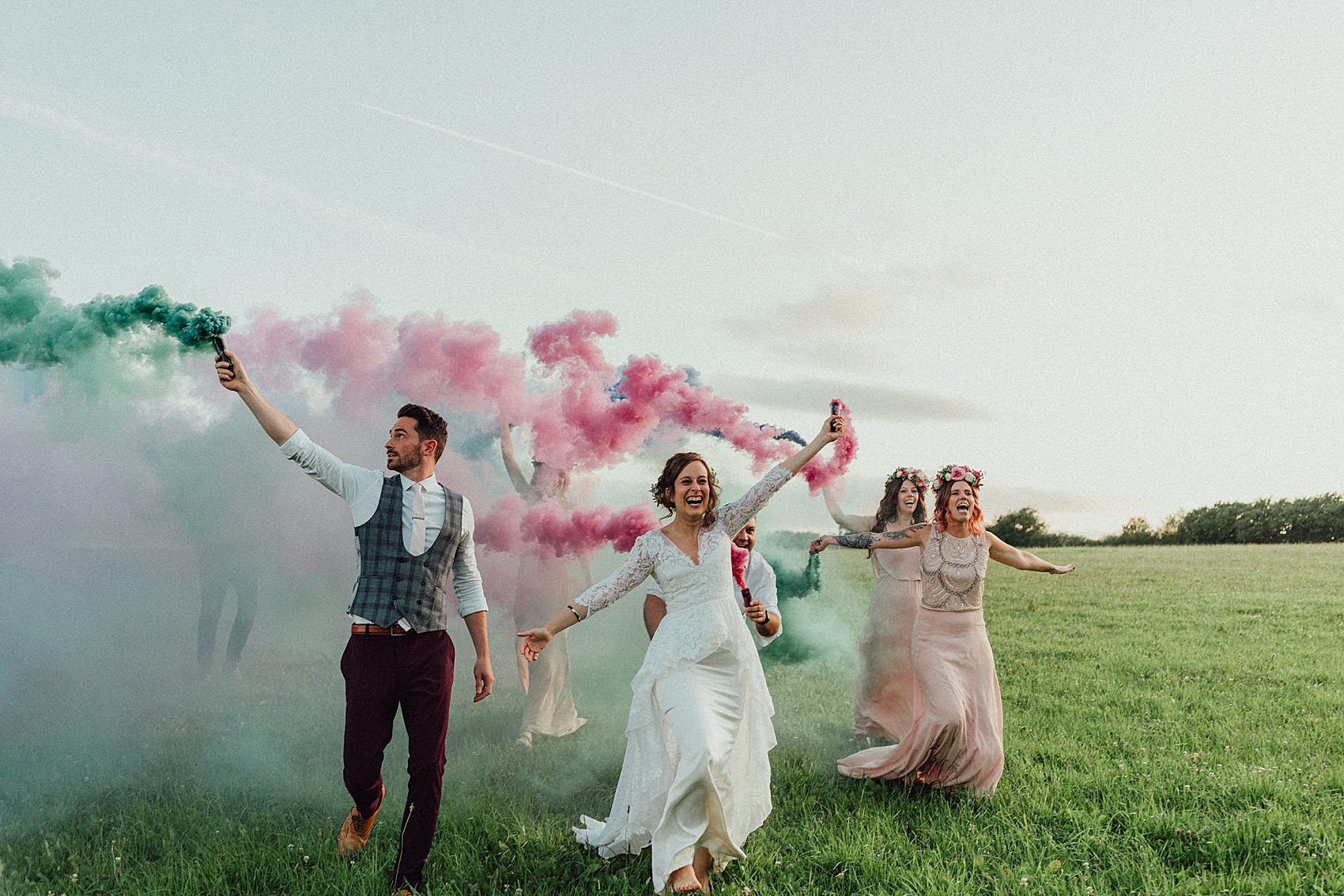 Temperley London bride smokebombs barn wedding 59