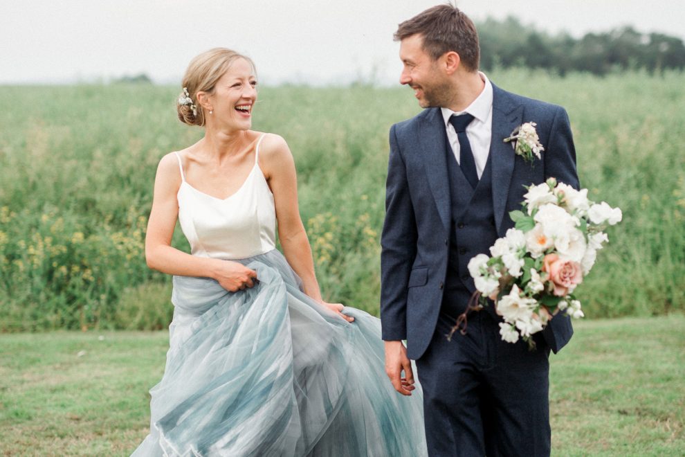 blue tulle wedding dress