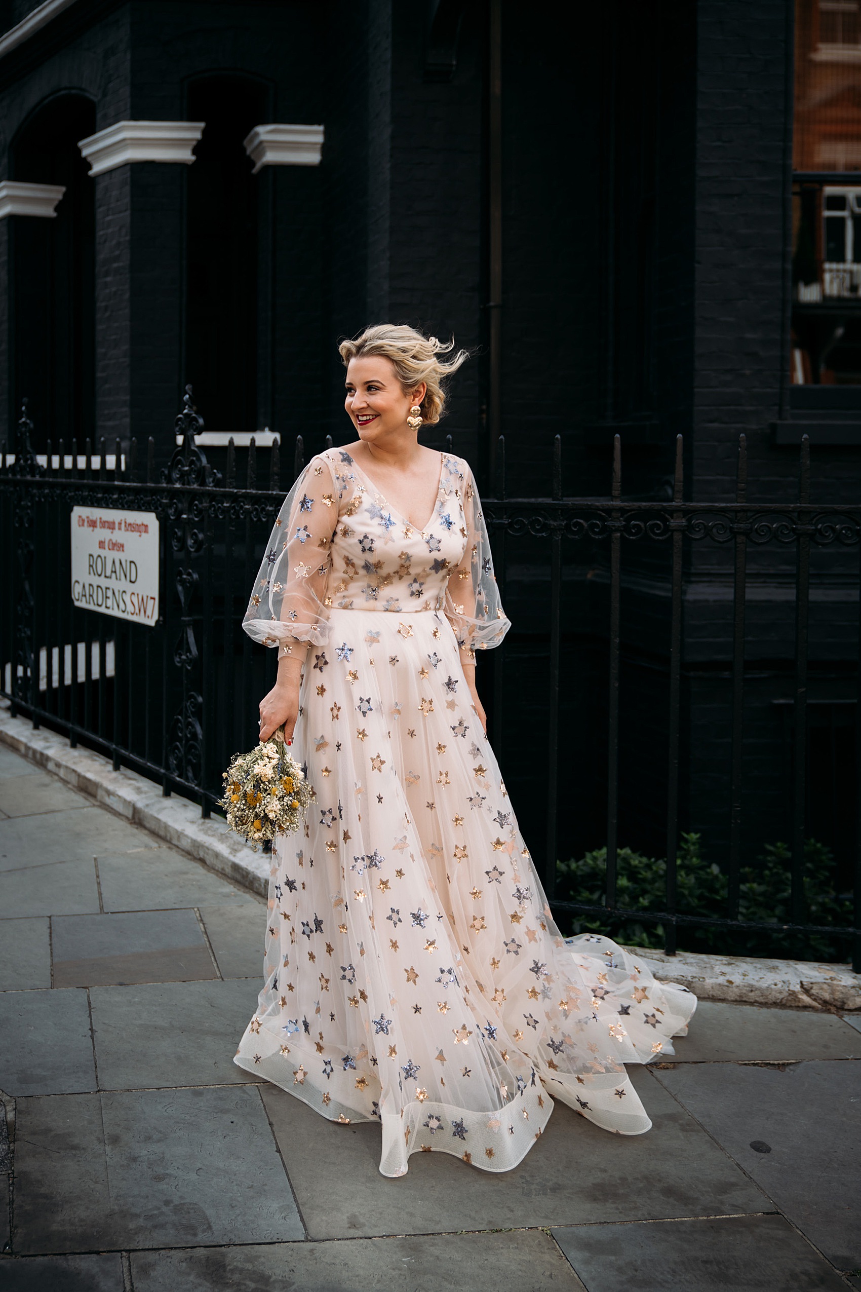 A Starry Celestial Dress by Natalie Wynn for a Modern Creative Couple and Their Laidback Intimate Chelsea Restaurant Wedding Love My Dress UK Wedding Blog Podcast Directory Shop