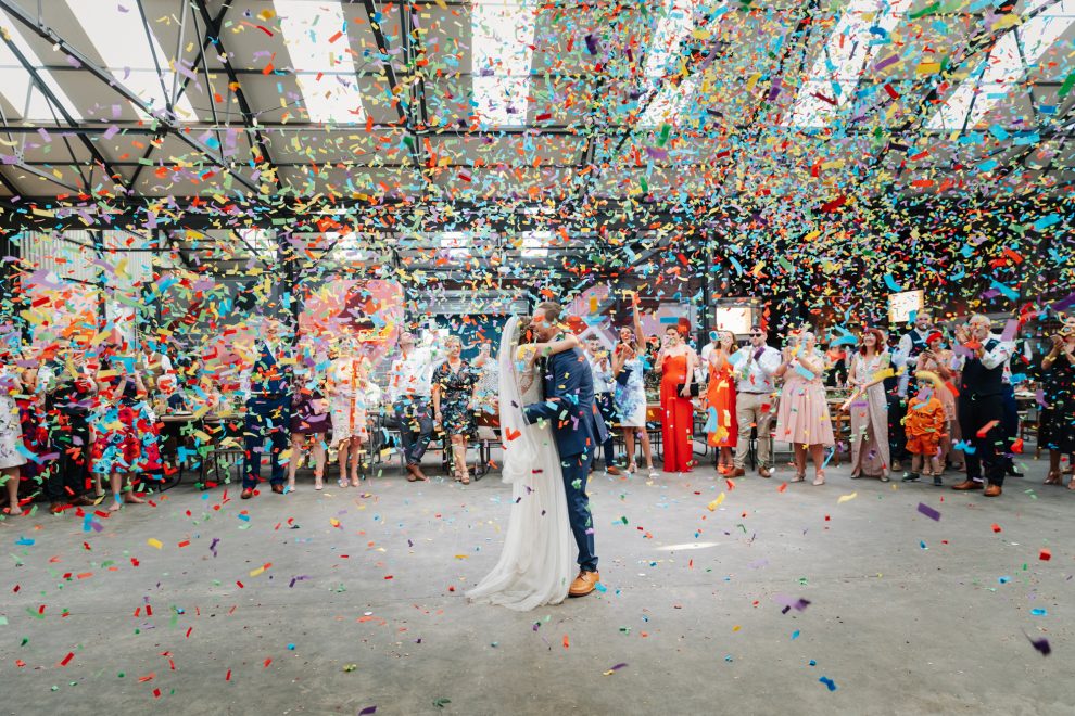 A Halfpenny London Bride and her Pie n Mash, Sheffield Warehouse Wedding with a Colourful Confetti Shower 2 Colourful confetti shower