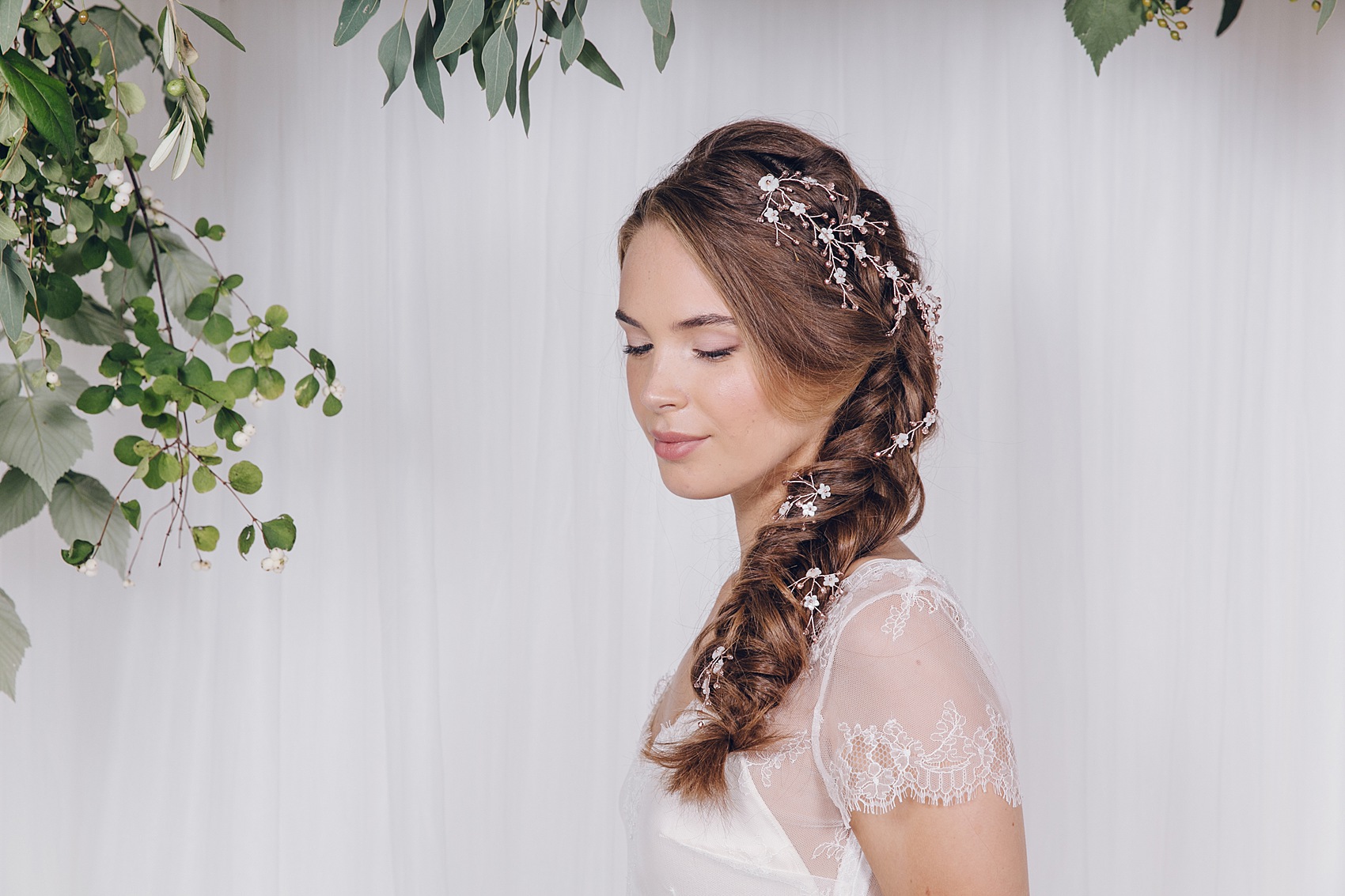 Coralie hair pins set of three with Annette hair vine in rose gold pinned into wedding braid plait 6