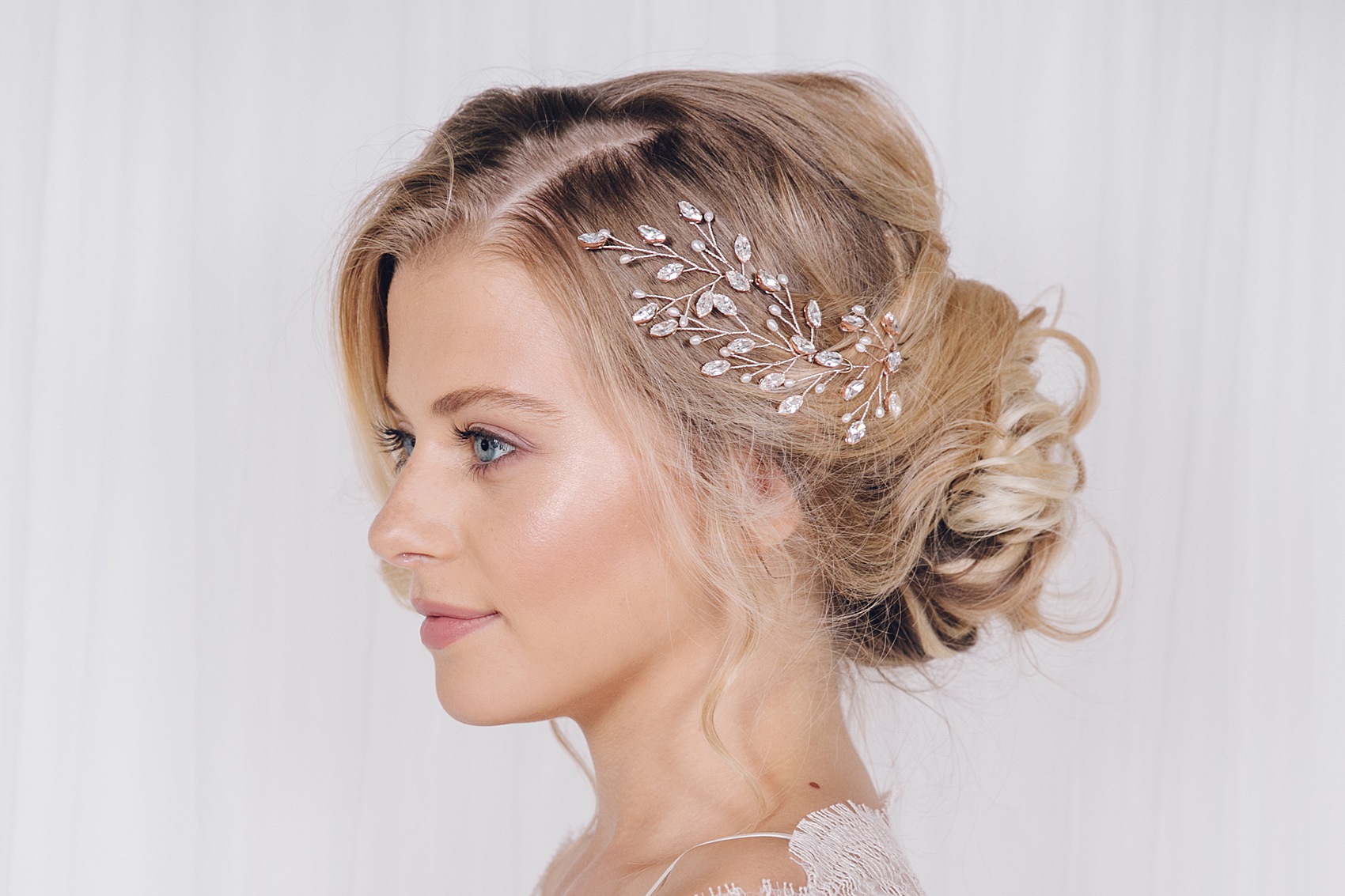 Maisie rose gold Swarovski crystal and pearl hair pin trio worn in side of vintage boho up do 5