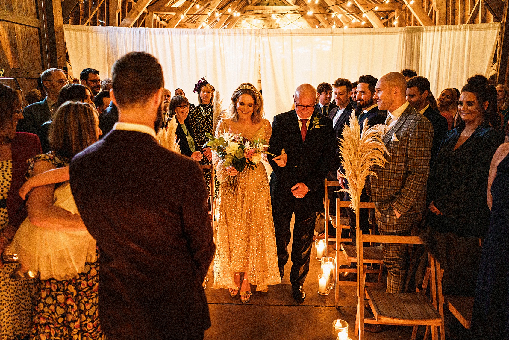 A September Barn Wedding With Lots of Festoon & Fairylights for a Creative Bride in a Gold Sequin Dress 17 Creative September Barn Wedding Gold Sequin Dress 17