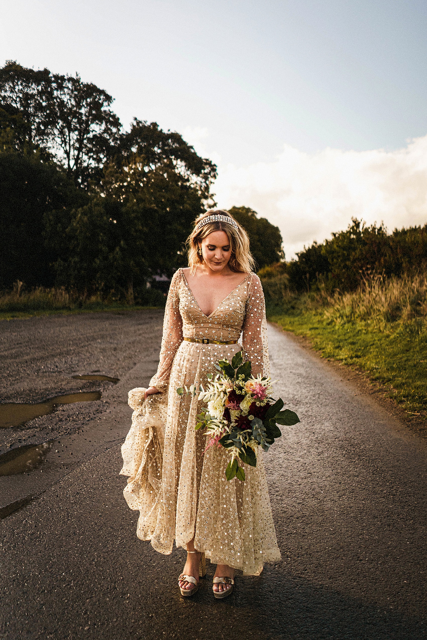 Creative September Barn Wedding Gold Sequin Dress 38