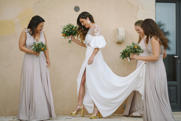 A Sunny Sicilian Wedding with a Bride in a Backless Rime Arodaky Dress With Statement Sleeves + Gold Disco Platform Heels