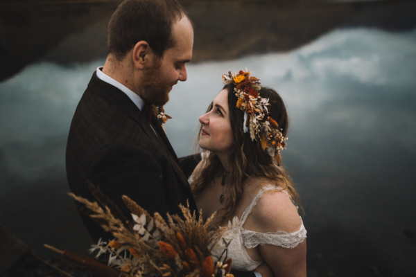 An Atmospheric Autumn Wedding by a Scottish Loch, With a Bride in Anna Campbell and a Dried Flower Headpiece