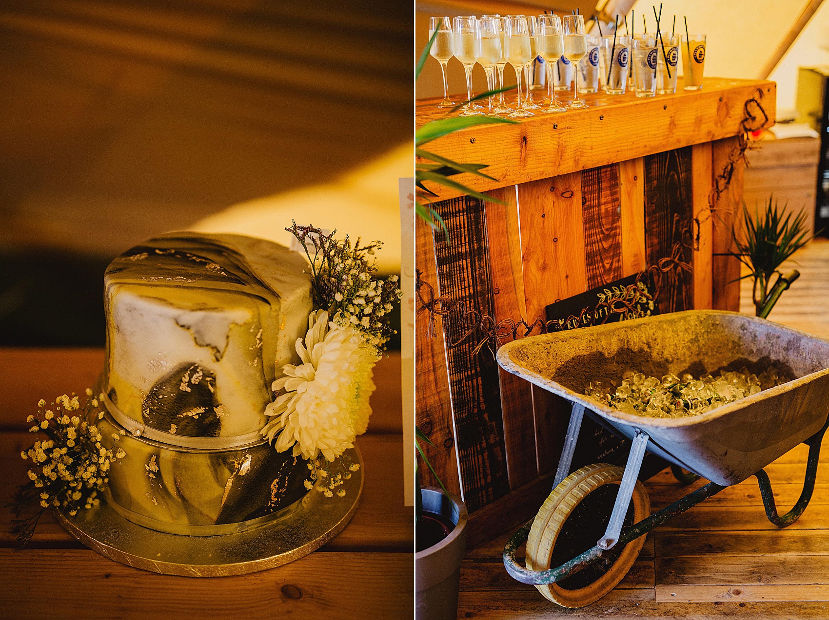 Wedding cake and ice in wheelbarrow