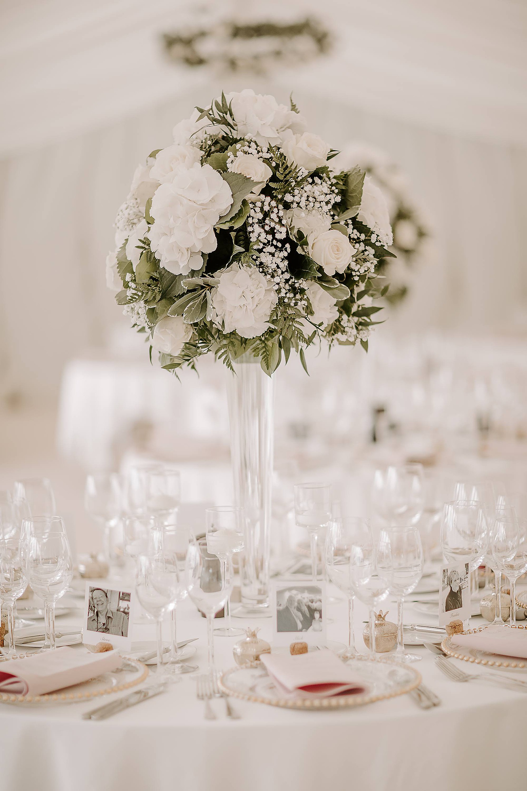 White wedding flowers table centrepiece