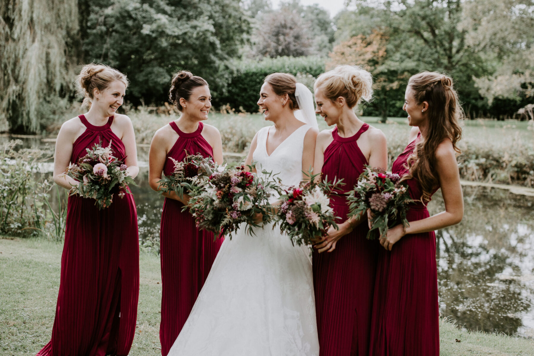 bridesmaids in claret dresses