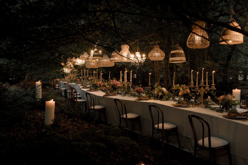 Magical Outdoor Autumn Wedding Vibes With Hanging Rattan Shades & Table Settings 7 woodland wedding