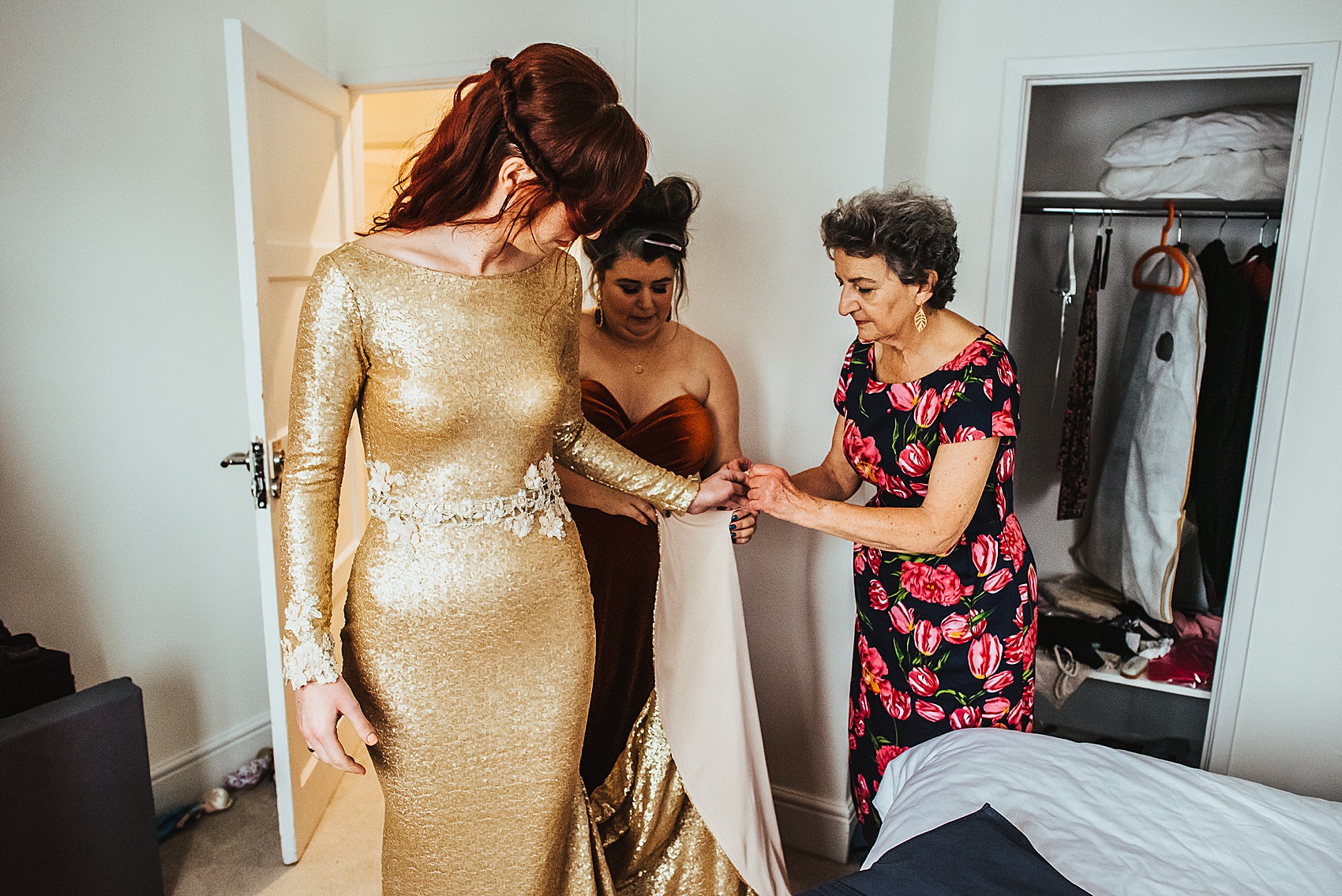 A Gold Sequin Dress Bridesmaids in Orange Velvet for an Autumn