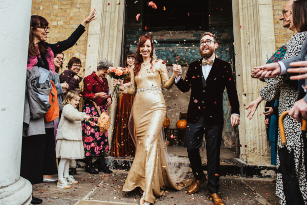 A Gold Sequin Dress & Bridesmaids in Orange Velvet for an Autumn Wedding & Pub Reception