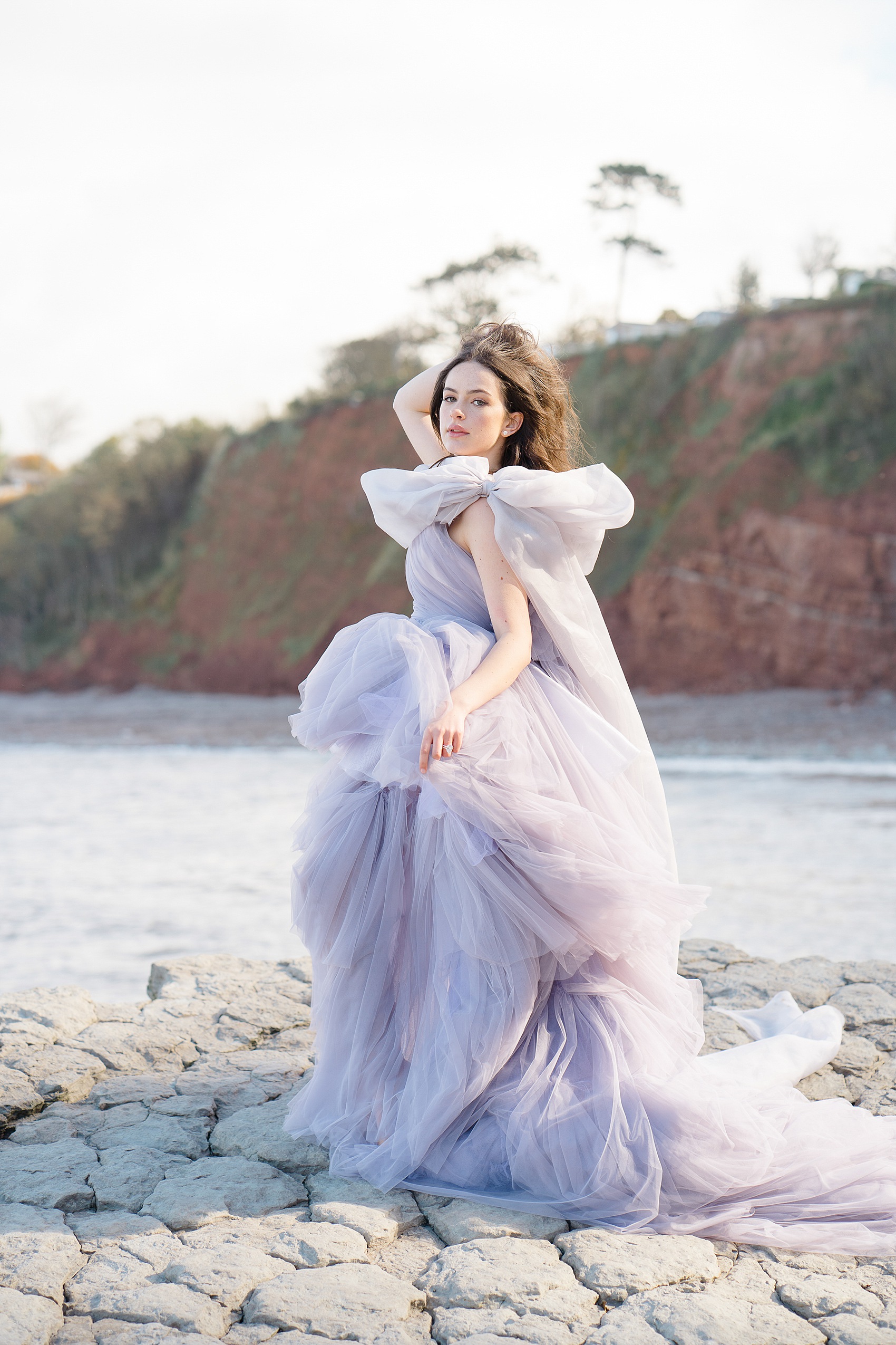 Sally Bean Couture - lilac wedding dress, tiered wedding dress with large shoulder bow.