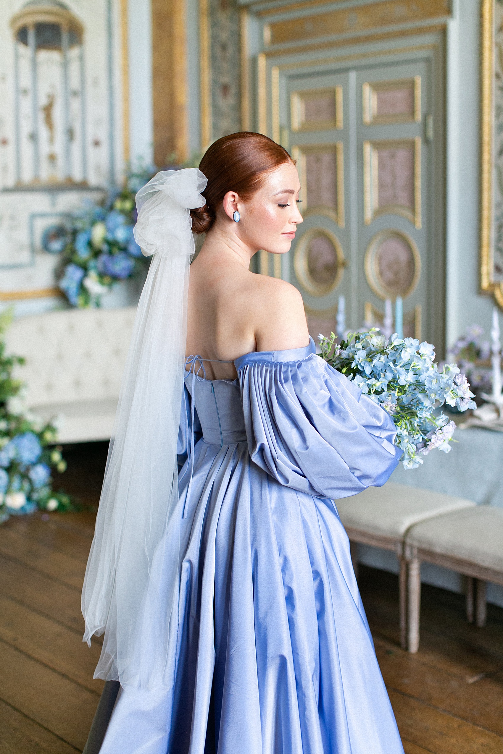 57 Bridgerton bride blue wedding dress regencey editorial