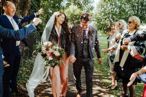 A Late Summer Micro Wedding for a Laid Back Bride in a Blush Pink ASOS Tux Jumpsuit + Polka Dot Veil