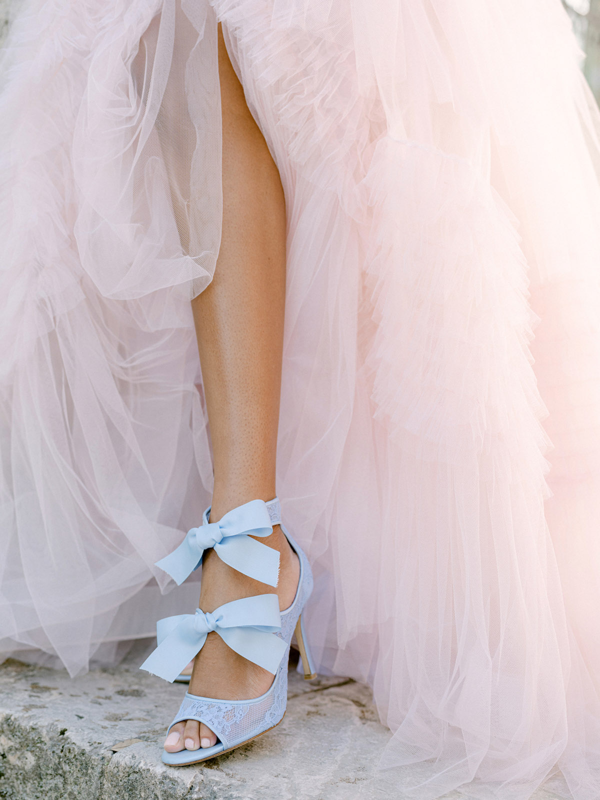 Pale blue Belle Belle wedding shoes with ribbons