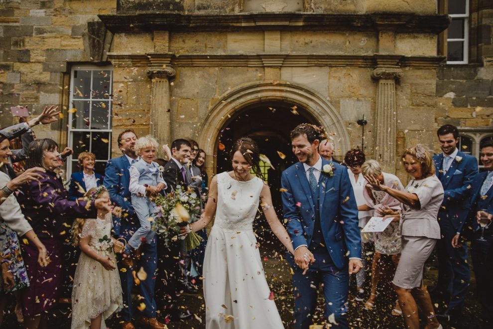 A Tennis Inspired Wedding in Newburgh Priory in North Yorkshire for a Bride in a Dress Made by Her Mum, and Bridesmaids in Forest Green 2 Confetti Shot Newburgh Priory North Yorkshire