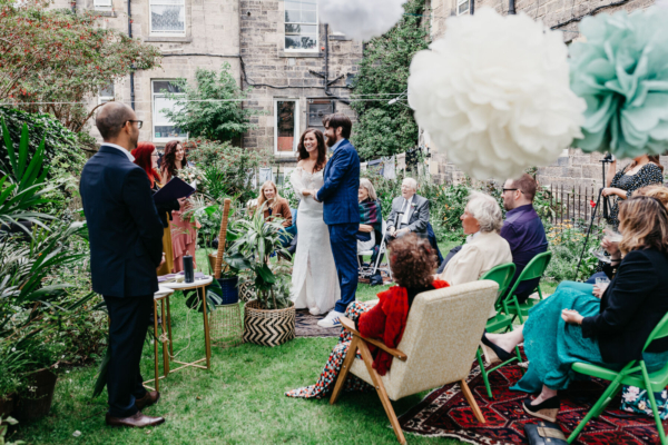 A Magical Back Garden Micro Wedding in Edinburgh, with a Bride in a Bespoke Rowanjoy Bridal Dress, Handfasting and Live Streaming