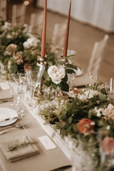 Late summer elegant wedding tables using a palette of cream and rust at Elmore Court. Planned by Salt and Scent Events