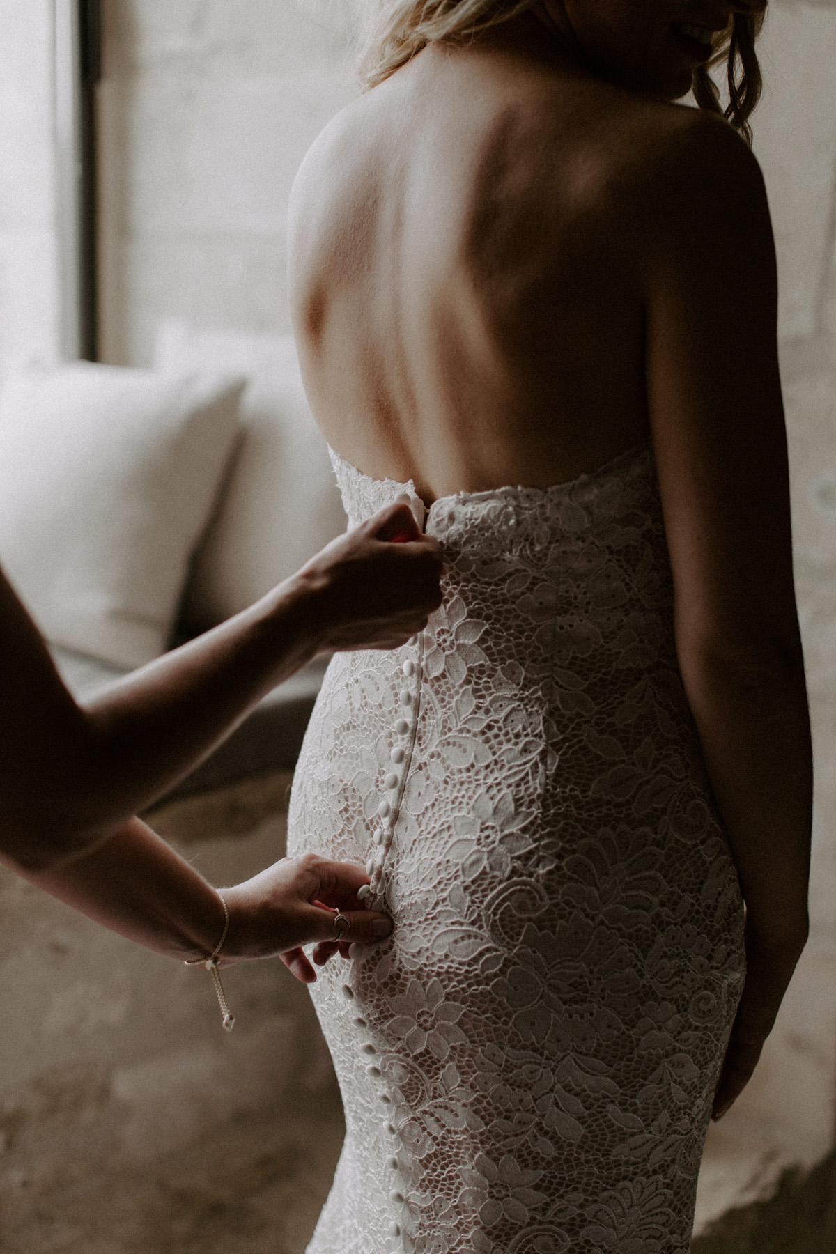 Pronovias lace buttoned wedding dress