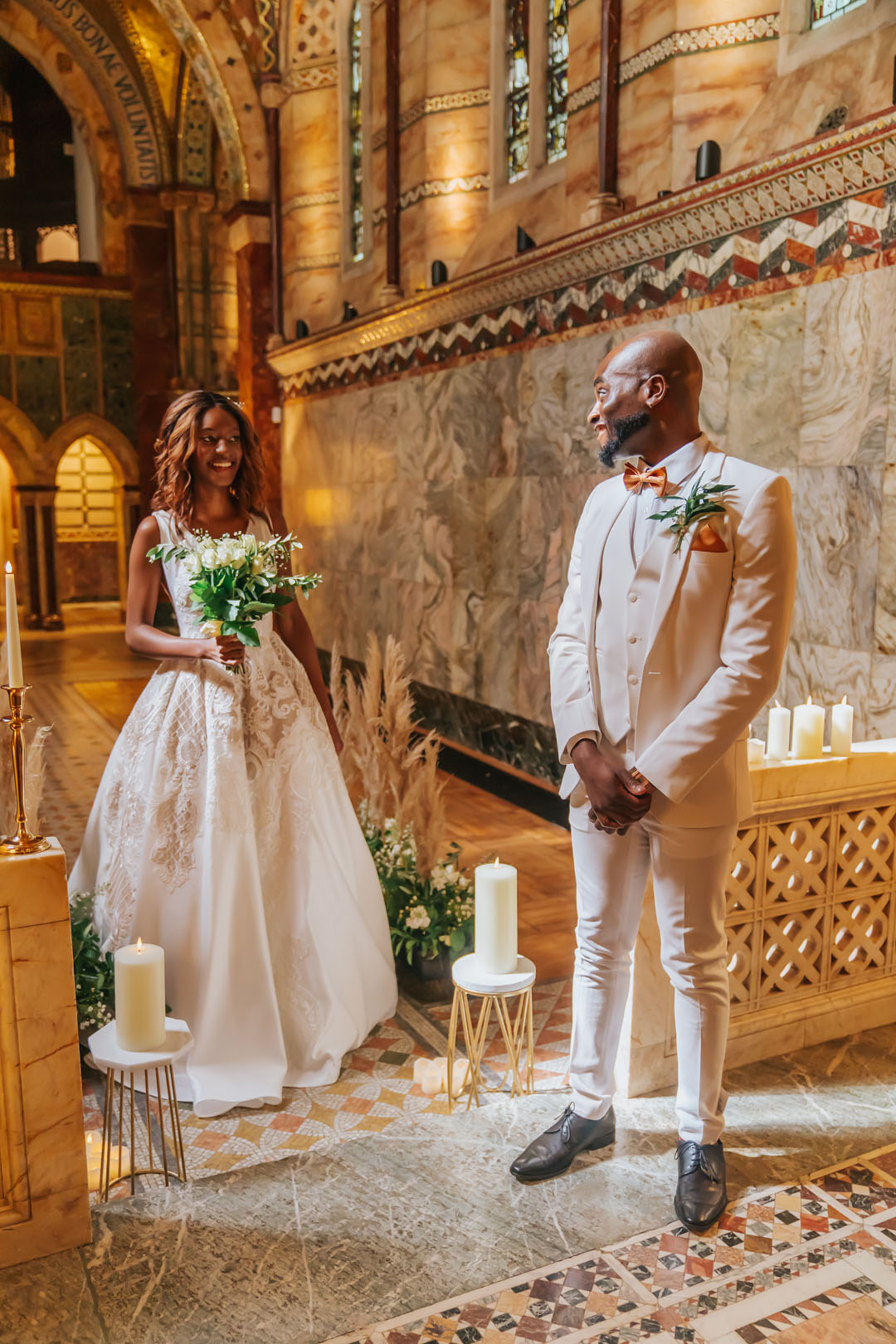 Black couple marrying at Fitzrovia Chapel London.