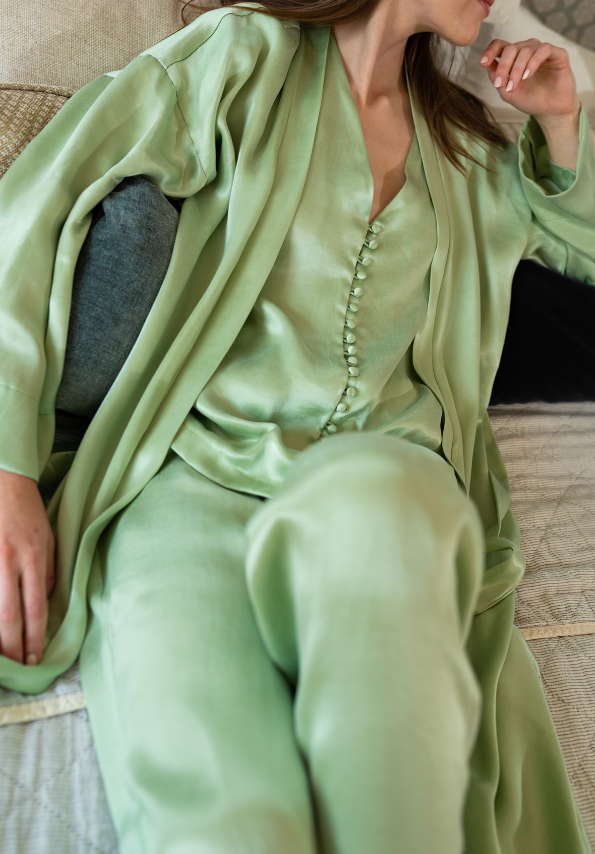 Sustainable green silk pyjamas & robes - Andrea Hawkes