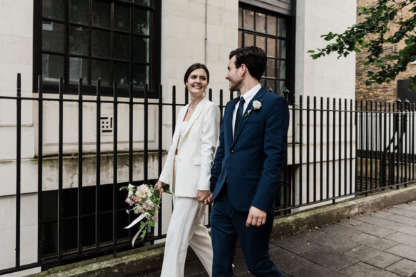 Charlott in a Reiss Suit for her Chic & Intimate City Wedding
