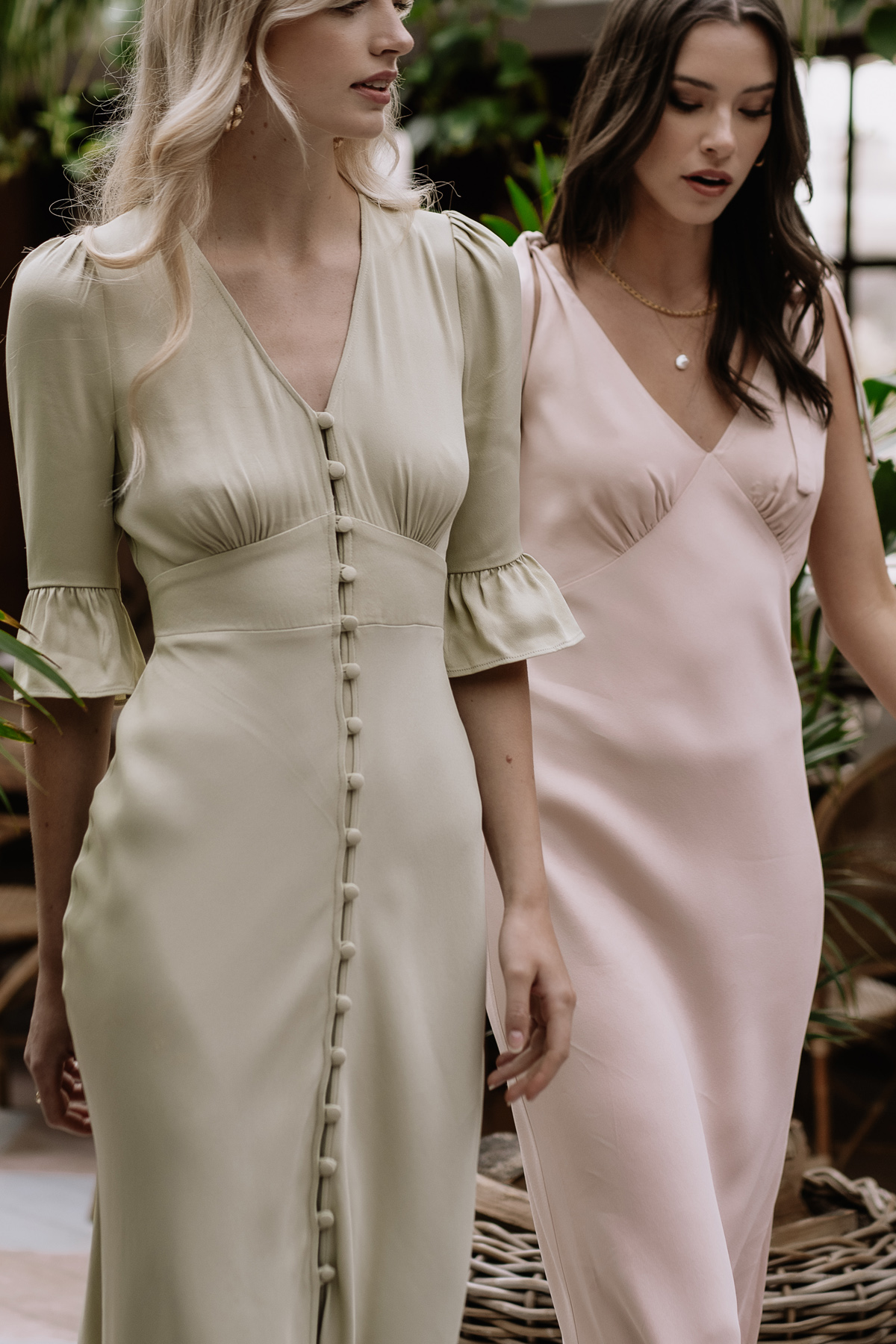 Sage green and pale pink bridesmaids dresses, Maids to Measure