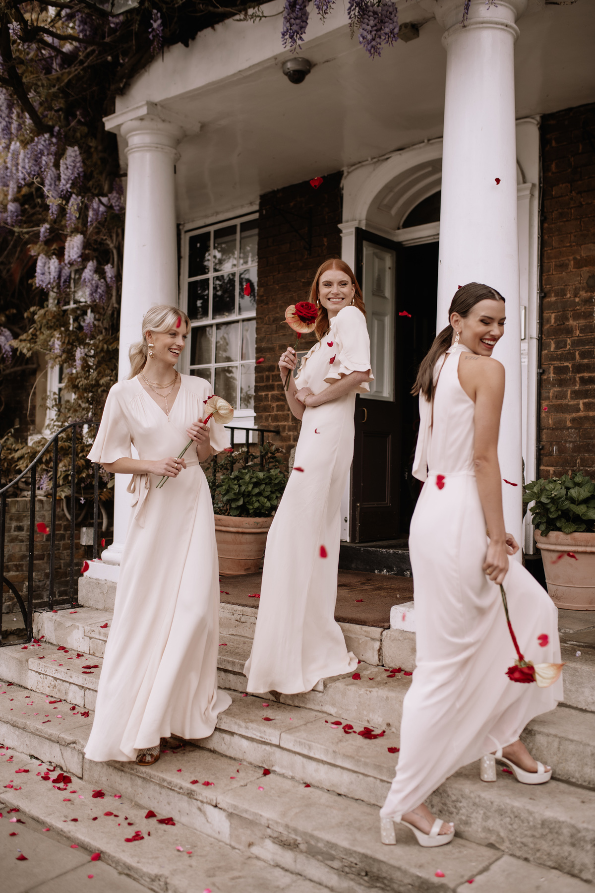 Maids to Measure long white bridesmaids dresses, halterneck, frilly sleeves