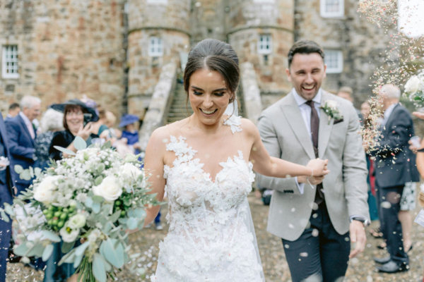 Caryn, in Tarik Ediz, for her Glamorous Rowallan Castle Wedding in Classic Greens and Whites