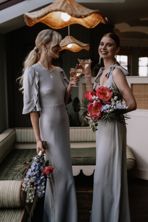 Pale grey / stone colour bridesmaids dresses by Maids to Measure.