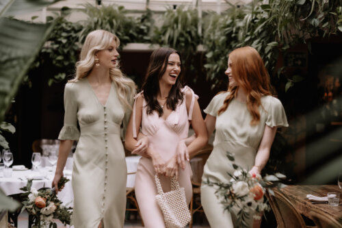 Pale Pink + sage green bridesmaids dresses by Maids to Measure