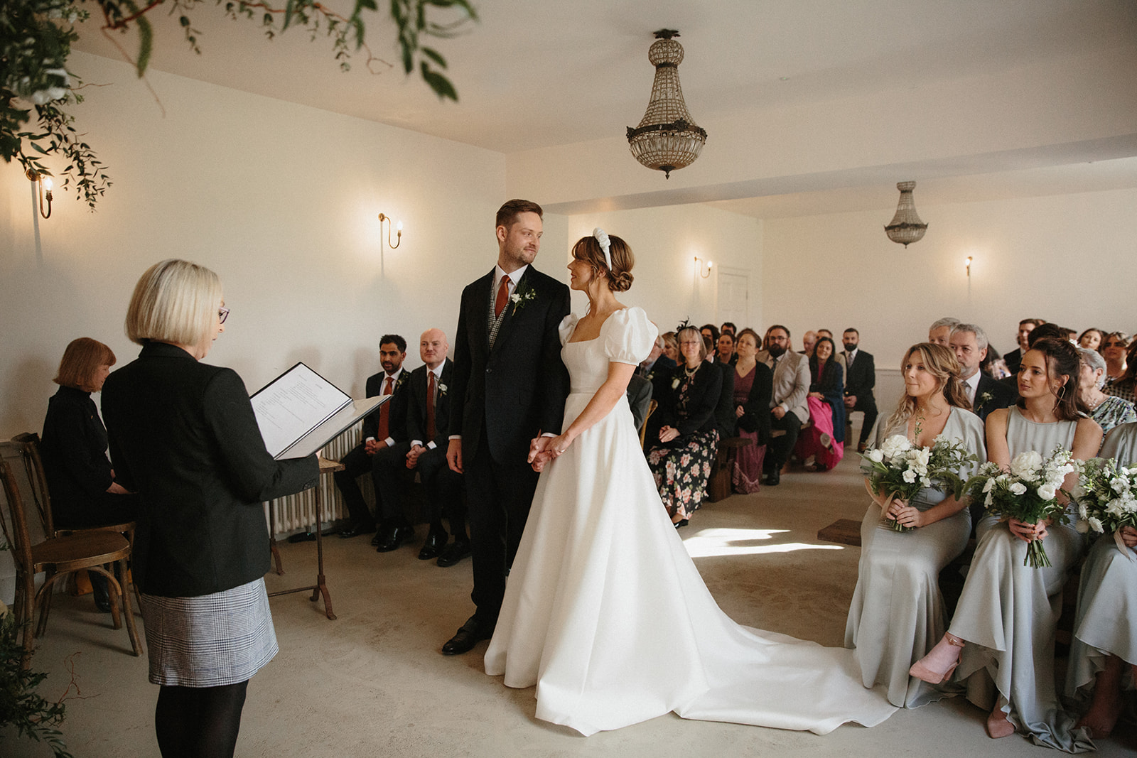 Aswarby Rectory wedding, Sassi Holford bride in puff sleeve dress