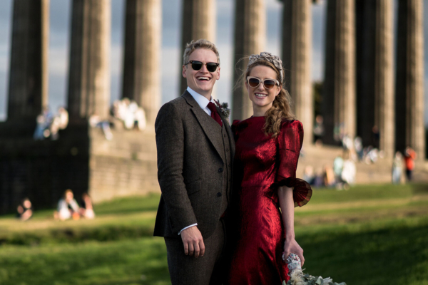Olivia in a Vampire’s Wife Red Falconetti Dress for her Classy Edinburgh City Wedding