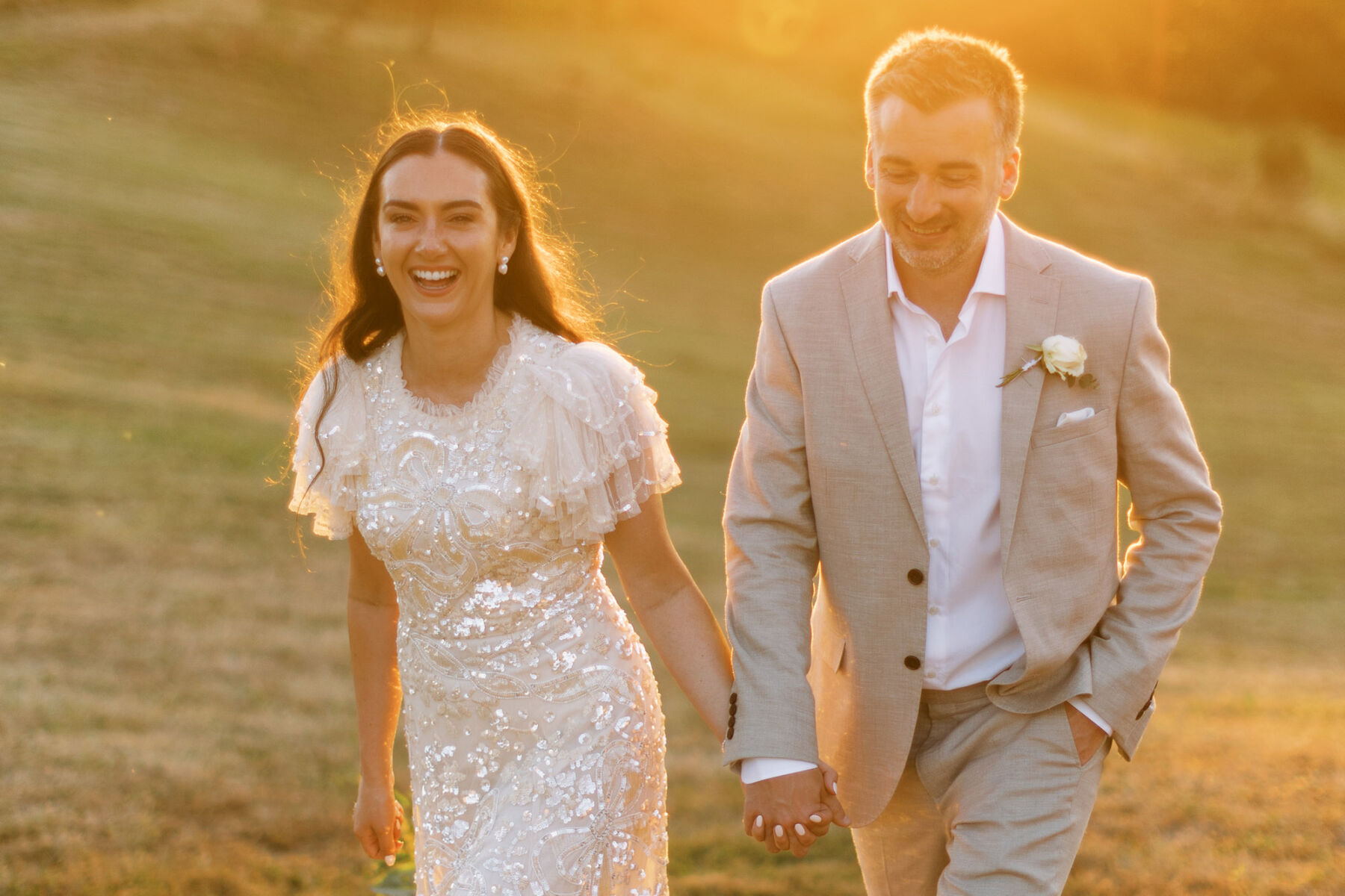 Needle & Thread London sequin wedding dress. Golden hour wedding photography.