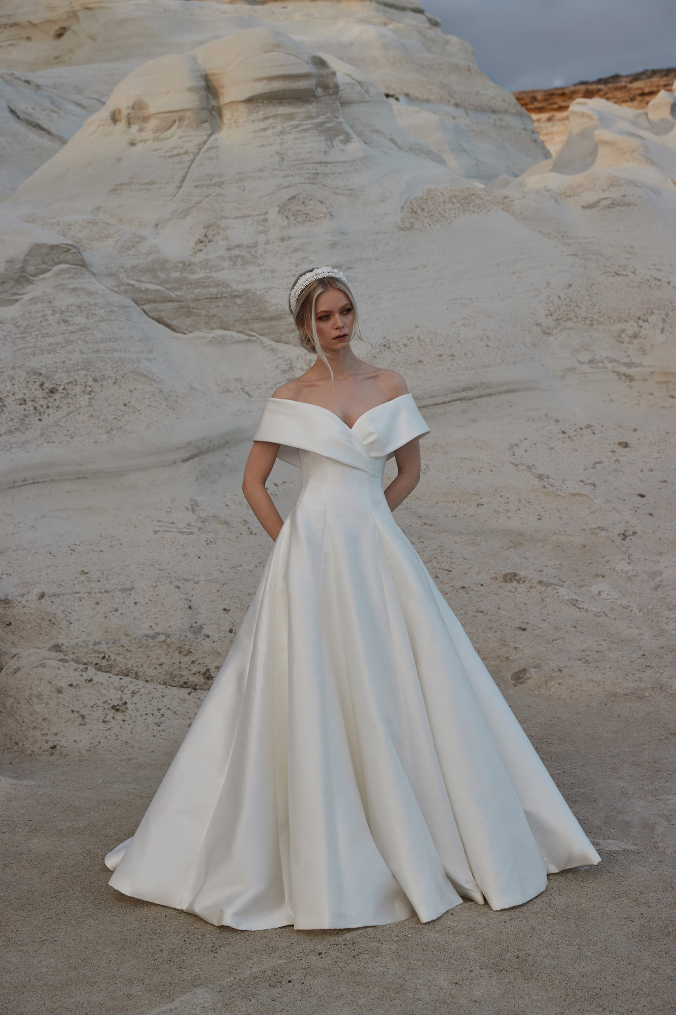 Sassi Holford Camilla wedding dress, off the shoulder modern bridal gown