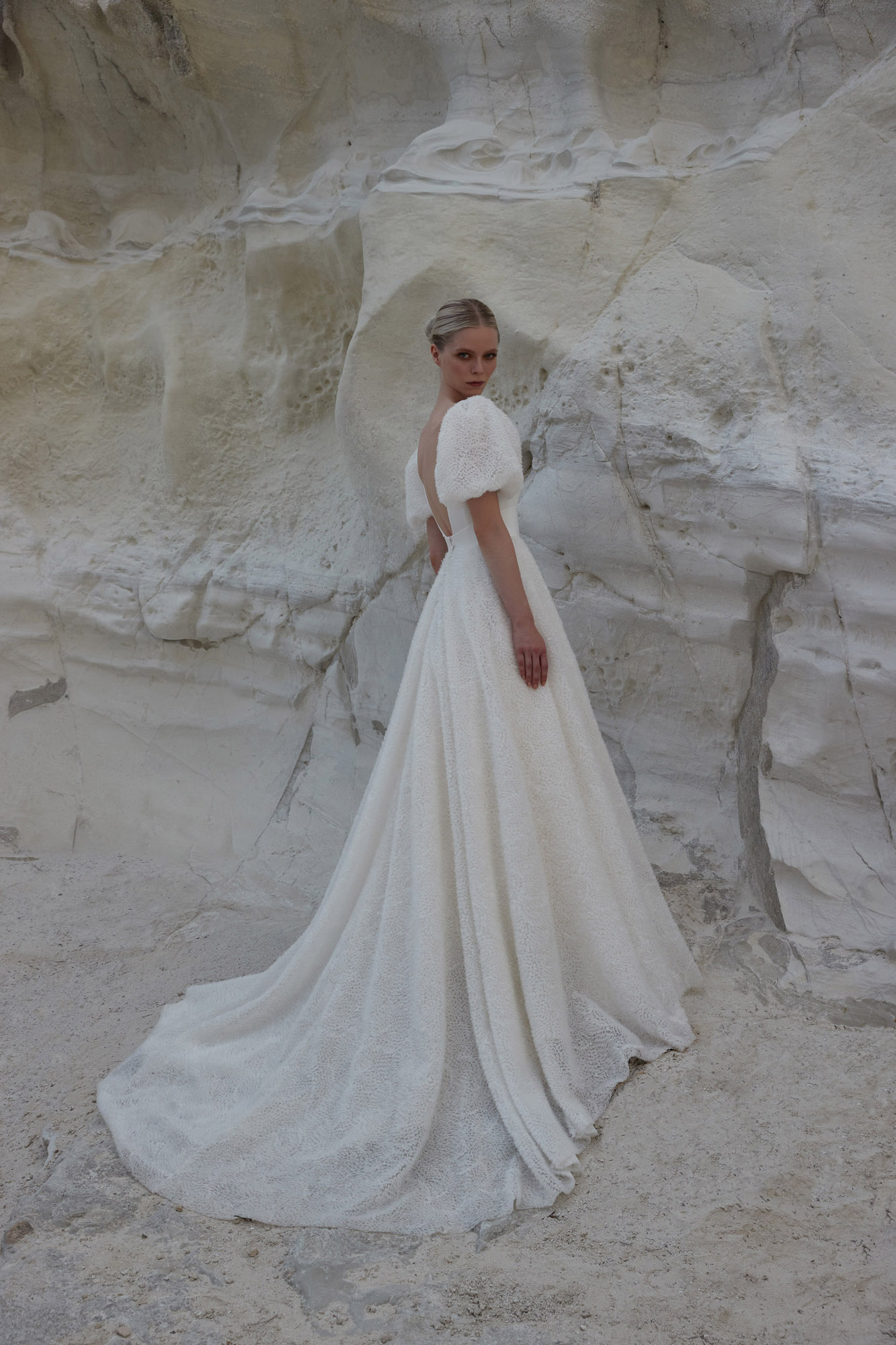 Sassi Holford Edith backless wedding dress with puff sleeves