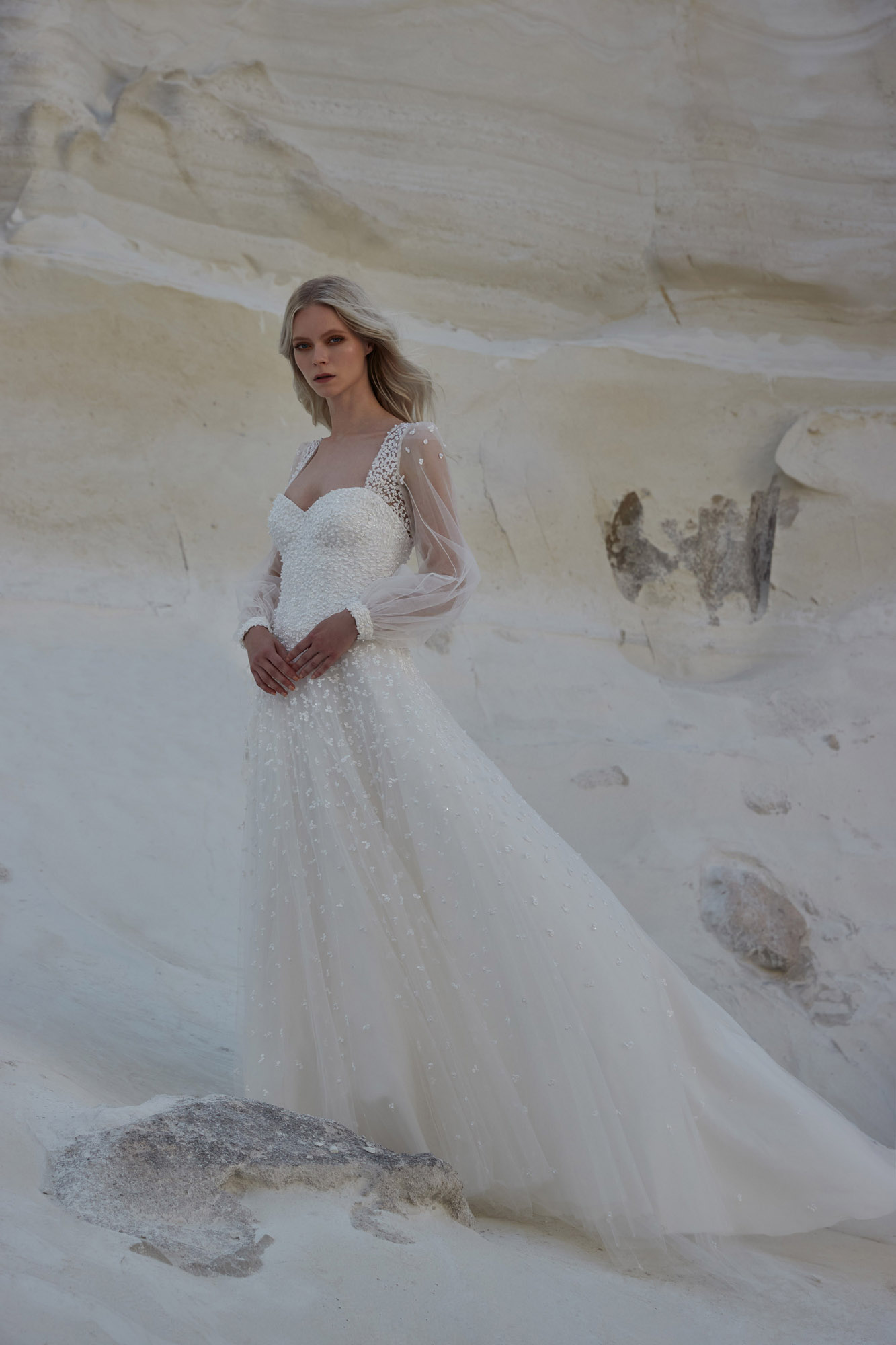 Sassi Holford Miranda wedding dress, subtle transparent tulle sleeves + tulle skirt